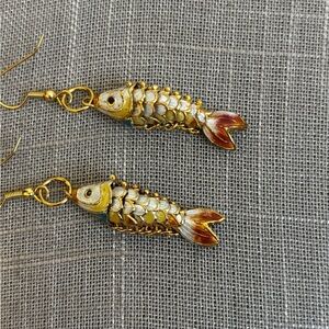 Articulating Gold Koi Fish Good Luck Dangle Earrings - Orange Blue White